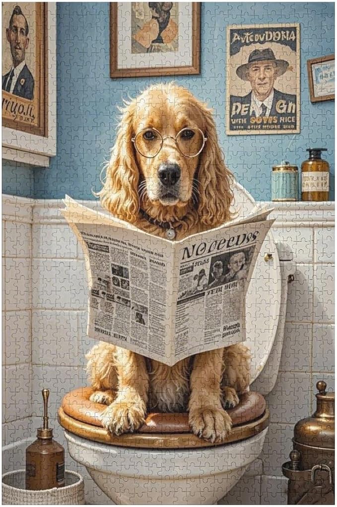 Funny Wooden Puzzle - Goldendoodle on Toilet Reading Newspaper Puzzle for Adult 1000 Piece，Wooden Jigsaw Puzzles Art Leisure Game Fun Suitable Family Friends Educational Learning Games Gift