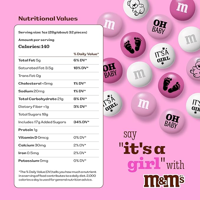 M&M'S World Baby Girl Milk Chocolate Favors 20 Packs 0.75oz each with Pink and White M&M'S for Girl Baby Showers Gender Reveal Parties and Guest Giveaways