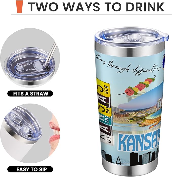 20oz Insulated Tumbler Kansas State Coffee Mug, United States Map Travel Mug Landmark, Birthday Gifts Cute Custom Tumbler Cups with Lid and Straw Mothers Day Gifts