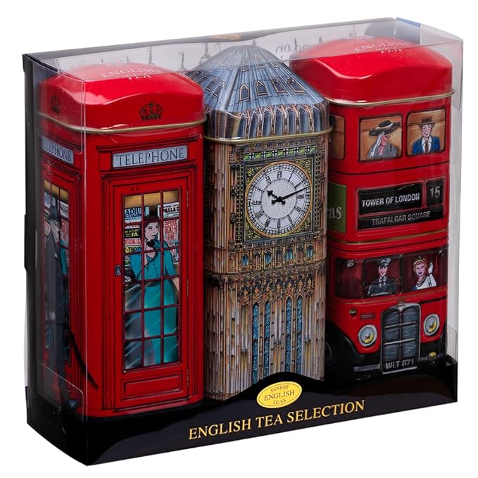 British Heritage 3x Tea Tins with 42 English Teabags (Big Ben, Red London Bus, Telephone Box)