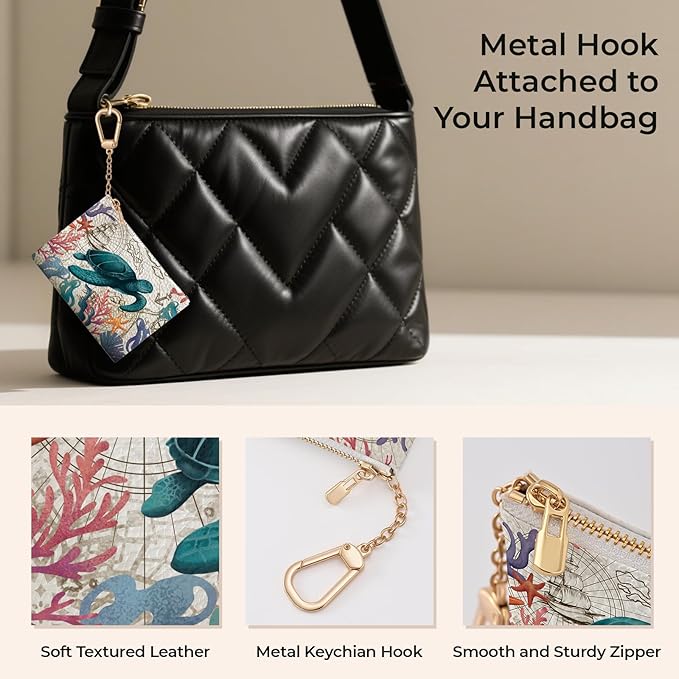 Sea Turtle Keychain Coin Purse for Women, Small PU Leather Change Pouch, Zipper Little Tiny Travel Wallet for Girls, Cute Kawaii Zip Pocket Coin Holder with Key Ring