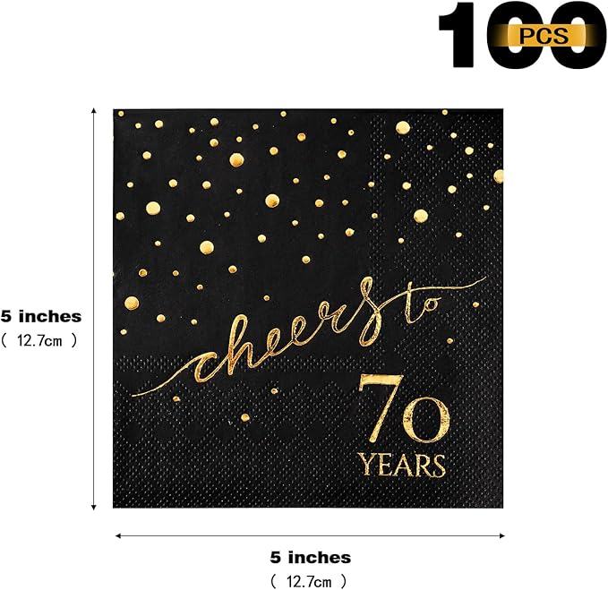 100 Pack of 70th Birthday Napkins, Cheers to 70 Cocktail 5x5 Inches Party Paper Napkins for Birthday Decorations Wedding Anniversary Black and Gold, 3-Ply