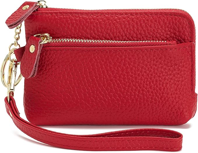 Genuine Leather Coin Purse for Women with Large Opening & Wrist Strap Navy (Red)