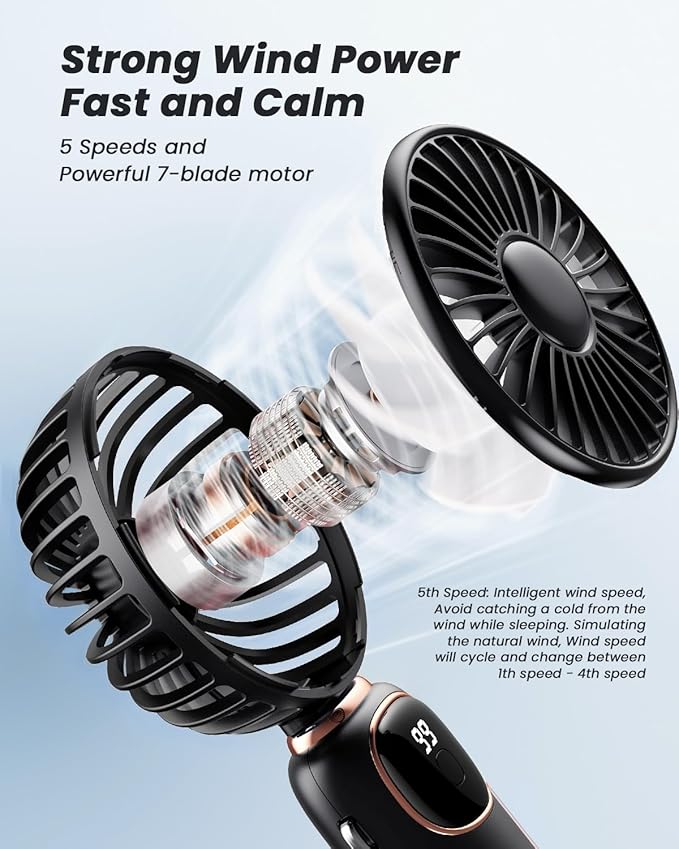 coldSky Portable Handheld Fan, 4000mAh Battery Operated 3 in 1 Multifunction Personal Travel Fans with Digital Display, 90° Foldable Desk Fan with Base, 5 Speed Lash Fan for Makeup/Office (Black)