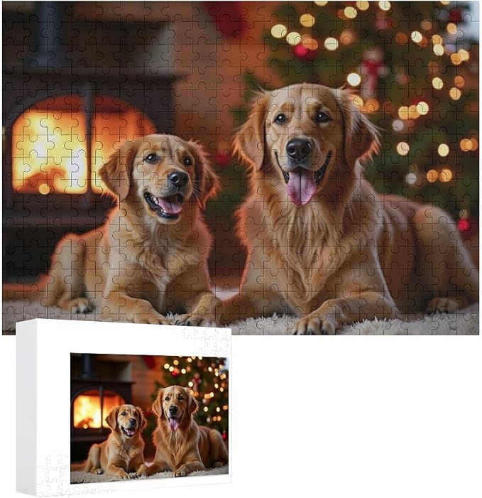 Wooden Puzzle - Golden Retriever in The Christmas House Jigsaw Puzzles，Wooden Puzzles for Adults 300 Pieces Challenge Puzzles，Educational Games，Family Puzzles，Unique Gifts for Wall Art