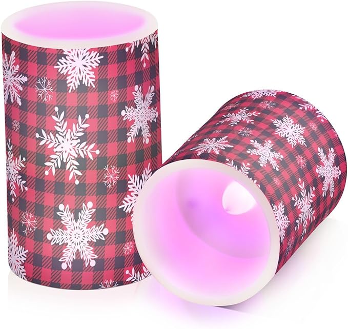 ALAZA Christmas Snowflakes Red Black Buffalo Plaid Flickering Flameless Candles Battery Operated with Remote Timer,Tea Light Candles LED Pillar Votive Candles Set of 2 for Outdoor Indoor Decorations