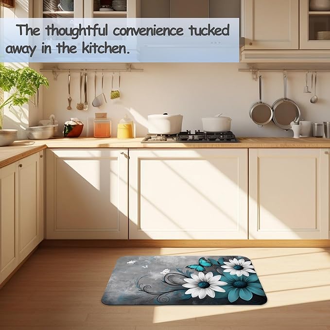 Abstract Blue Daisy Bathroom Rug 29.5"x17", Butterfly Bath Mat with Non-Slip Rubber Backing, Quick-Drying Absorbent Thin Floor Mat for Bathroom, Shower, Sink, or Kitchen