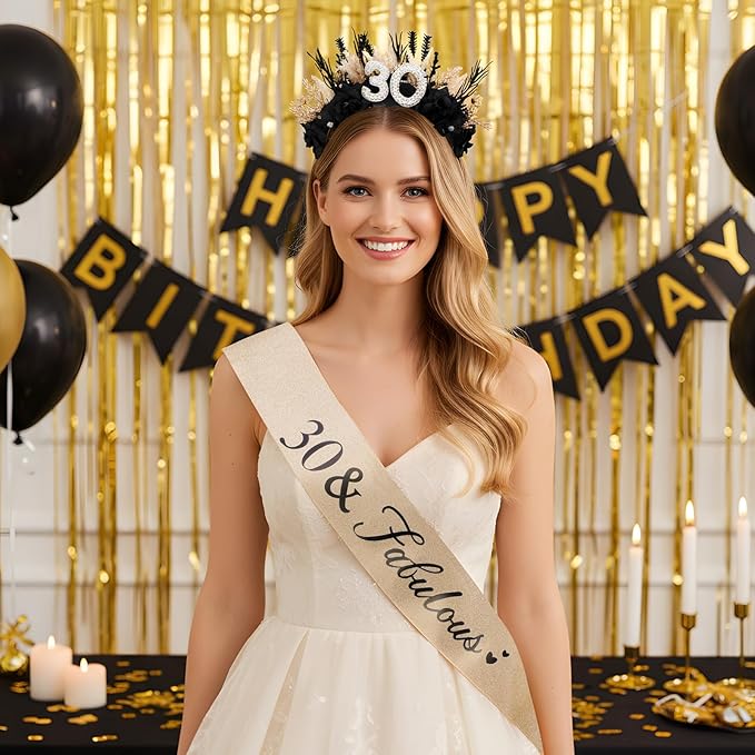 Flower Black Birthday Headband - Dark Happy Birthday Crown and Sash Set for Women Fabulous Party Accessories