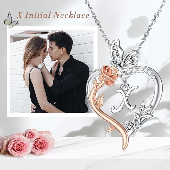 TOUPOP Rose Heart Necklaces Gifts for Women 925 Sterling Silver Butterfly Heart Initial Necklace Anniversary Valentines Day Birthday Jewelry Gifts for Mom Her Wife Girlfriend Daughter