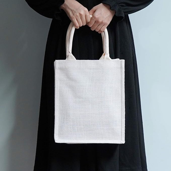 Segarty Tote Bags, 6 Pack Small White Burlap Jute Reusable Canvas Gift Favors Bag with Handles Blank Tote Bulk for Bridesmaid Wedding, Women Market Grocery Shopping, Bachelorette Party, Beach Trip
