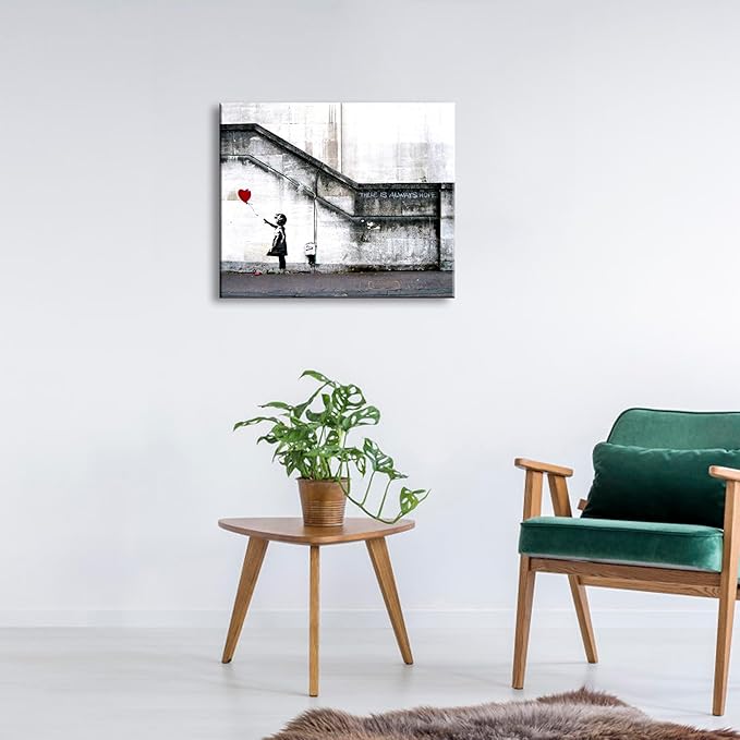 Wieco Art Banksy Grafitti Girl with Red Balloon Large Modern Gallery Wrapped Giclee Canvas Prints Artwork Grey Love Pictures Paintings on Canvas Wall Art for Living Room Bedroom Home Decorations