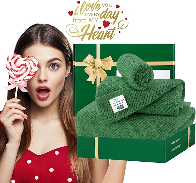 VOOVA & MOVAS 3 Piece Towel Set - 100% Cotton | Quick Dry | Light Weight | Thick | Soft, 1 Large Bath 30"x56", 1 Hand 18"x28",1 Wash Cloth 13" x 13", Luxury Towel Gift Set, Hunter Green