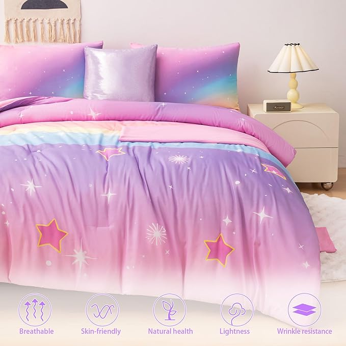 Rainbow Bedding Set Full Size – 6-Piece Reversible Girls Comforter with Deep-Pocket Sheet, Gradient Galaxy Design, Whole-Piece Filling, Machine Washable Bed-in-a-Bag for Kids Room Makeover & Gifts