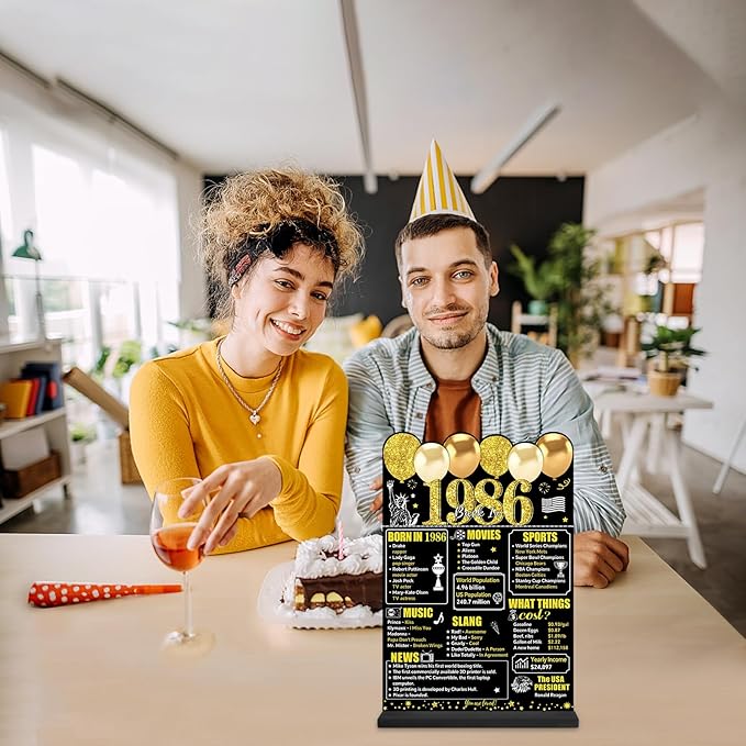 Black Gold 40th Birthday Decorations Gifts for Men Women, Two-Sided Vintage 40 Back in 1986 Theme Poster Wooden Table Sign with Stand, Forty Years Old Bday Centerpieces Holder for Table Decor