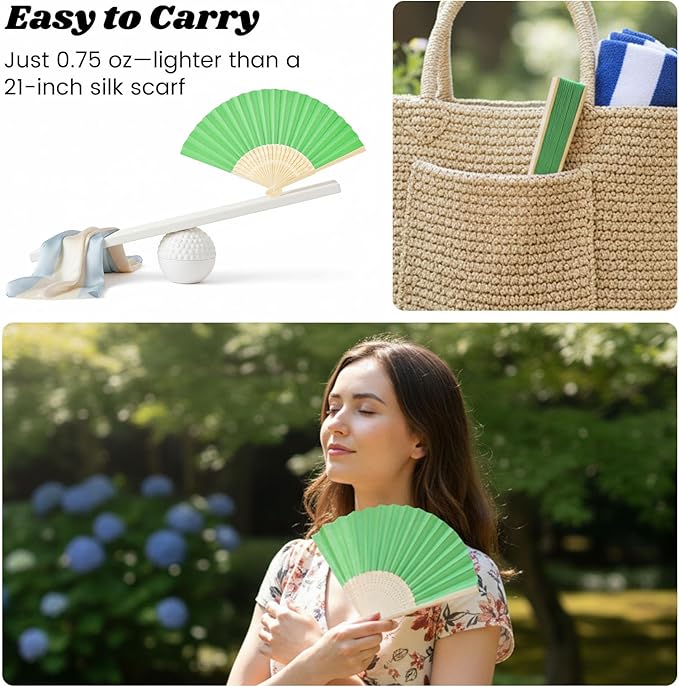 JOHOUSE 12PCS Foldable Hand Fan, 8.3 Inch Green Paper Fans for Woodland Baby Shower Decorations, Wedding, Outdoor Party Favors, Bridal Shower DIY Crafts Photography Prop