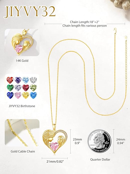 Mother and Daughter/Son Love Heart Necklace White Gold/14K Gold/Rose Gold Birthstone Jewelry Christmas Mothers Day Birthday Gifts For Mom Wife Grandma Women