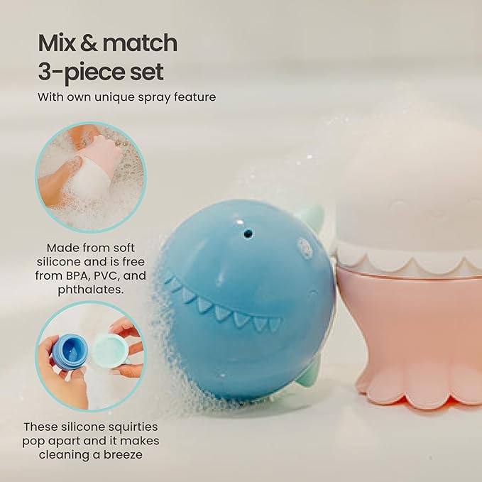 Copper Pearl 3-Piece Squirtie Bath Toy Set: Mix-and-Match Water Squirters, Safe Silicone Floating Bath Toys for Babies and Toddlers, Enhances Fine Motor Skills, Easy Clean, Ages 9m+