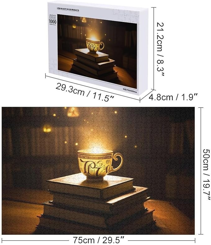 Wooden Puzzle - Hot Tea On A Book Rounded Corner Jigsaw Puzzles，Wooden Puzzles for Adults 1000 Pieces Challenge Puzzles，Educational Games，Family Puzzles，Unique Gifts for Wall Art