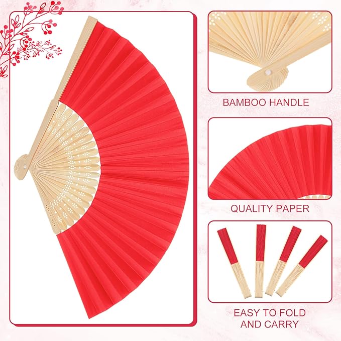 Yinkin 24 Pack Folding Fans Bamboo Handheld Folded Craft Hand Japanese Chinese Fans for Weddings Bridal Dancing Church DIY Decoration Women Gift Party Favors (Red)