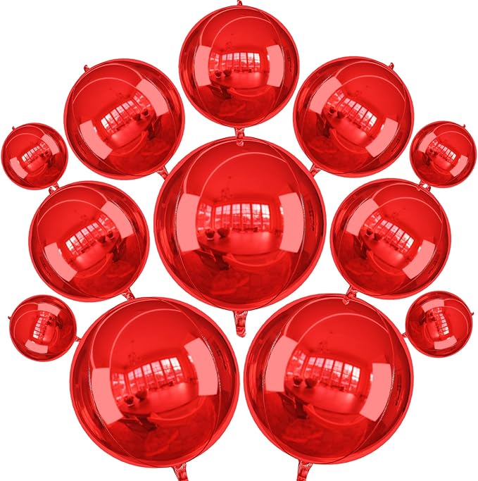 12PCS Red Round Foil Balloons, 22" 15" 10" Large 4D Ball Balloons Metallic Red Mirror Balloon for Graduation Christmas Valentines Galentines Day Wedding Birthday Party Decorations
