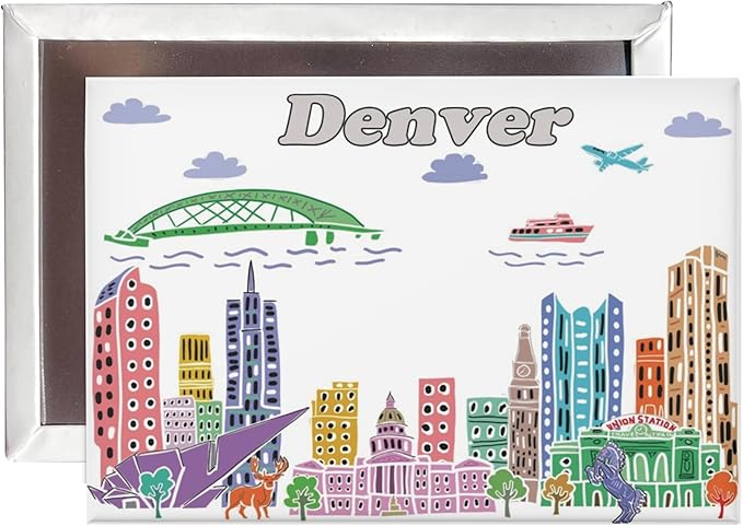City Themed Artwork Magnet Collection by Beary Blu - Designed in The USA, Collectible Souvenirs Gifts 2.5" x 3.5" (Denver)