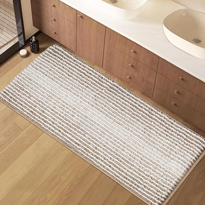HDFK Bath Mat & Bathroom Rug - Extended Chenille Soft, Machine Washable Non-Slip Shower Carpet Absorbent with Hot Melt Adhesive Base, Slim Fit Striped for Bathtub Floors (47x20 Inch, Tan & White)