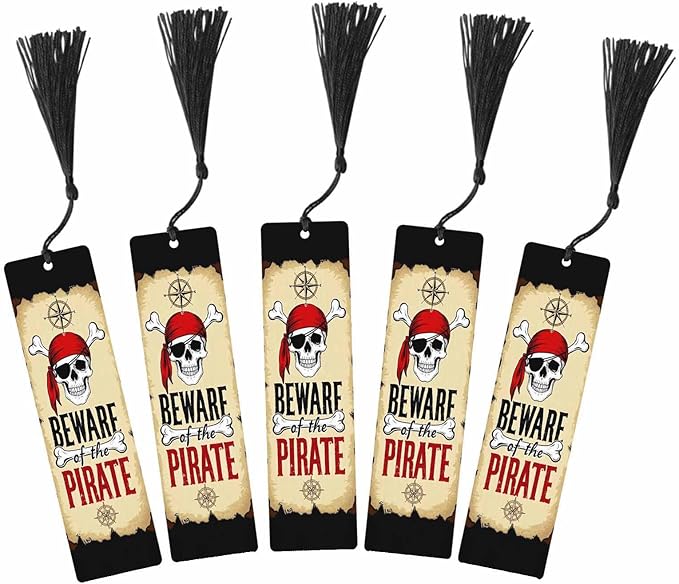 Beware Pirates Bookmarks 5 Pcs Halloween Compass Big Bone Skull Wooden Bookmark with Tassels for Reading Book Lovers Gift Office School Readers Teacher