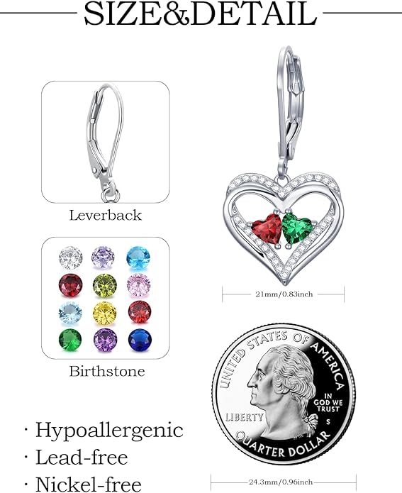 Heart Leverback Earrings Double Birthstone Dangle Earrings for Women, Love Jewelry for Her, Christmas Gifts for Women, Anniversary Birthday Gift for Mom Wife Girlfriend