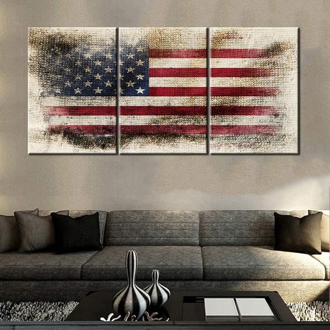 Native American Artwork Patriotic Star Flag Picrtures for Living Room Red Blue Stripes Wall Art 3 Panel Grunge Canvas Painting Rustic House Decoration Framed Gallery-Wrapped Ready to Hang(60''Wx28''H)