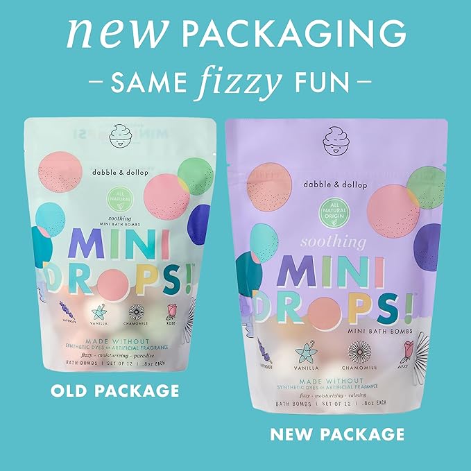 Dabble & Dollop Mini Bath Bombs, 100% Natural Droplets for Kids, Soothing Scents - Resealable Pouches, Fizzy, Moisturizing & Fun, Vegan, Gluten-Free, Cruelty-Free (Set of 24)