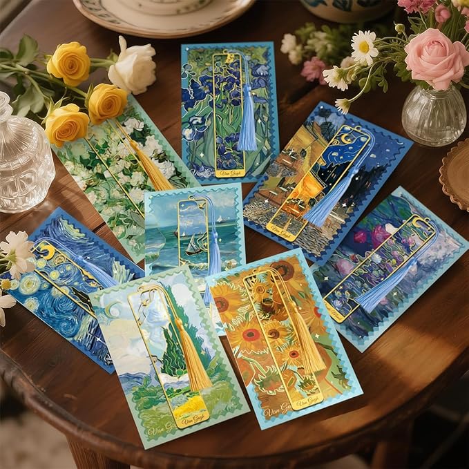 4 Pieces Metal Bookmarks with Tassel, Golden Hollow Bookmark Oil Painting Van Gogh Monet Theme Book Mark Bookmarks for Book Lovers Writers Readers Children Teens Men Women Adults