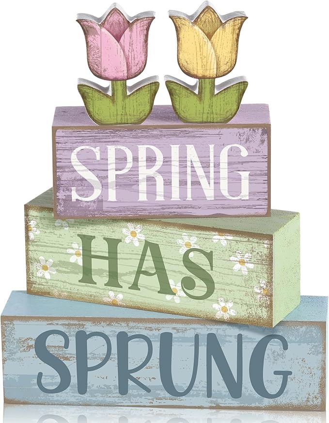 4 Pcs Spring Table Decor Wood Floral Decoration Tulip Centerpiece Spring Tiered Tray Decor Decorative Colorful Flower Block Signs Gift Farmhouse Decoration for Home Kitchen