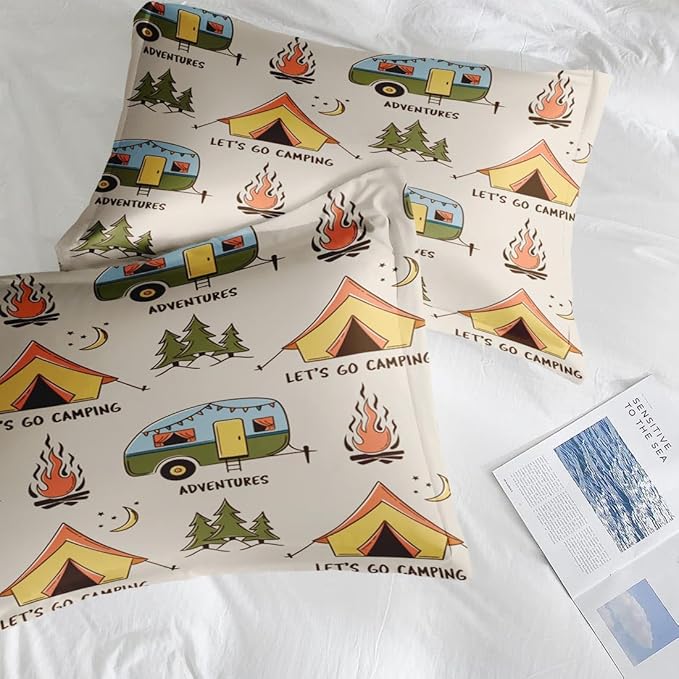 Comforter Set King Size, Summer Camp Camper 7 Pcs Bedding for Kids and Adults, Camping Adventure Bed Sheet Sets with Fitted Sheet 2 Pillowcases & 2 Shams for Bedroom Bed Decor