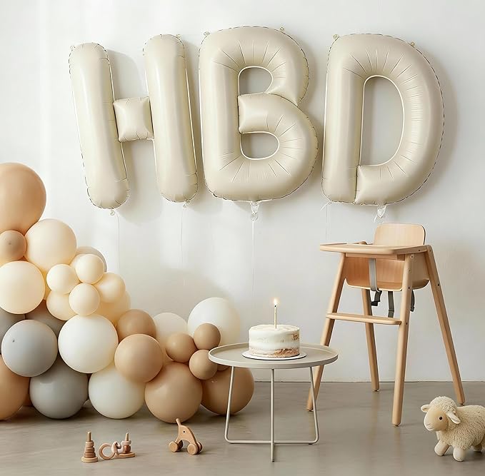 40 Inch Cream HBD Balloons for Boho Birthday Party Decorations, Giant Beige HBD Letter Foil Mylar Balloon Banner Helium Supported, Ivory White Sand Neutral Happy Birthday Sign for Girls Women Boys Men