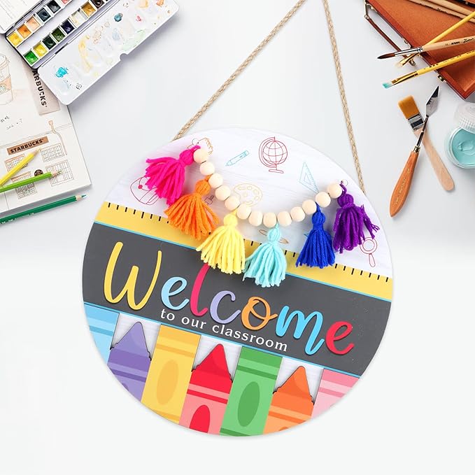 CHDITB Classroom Welcome Wooden Sign, Welcome to Our Classroom Front Door Sign Wood Hanging Plaque, Crayon Round Wood Wreaths, Back to School Wall Decor for Teacher Supplies Nursery Decor