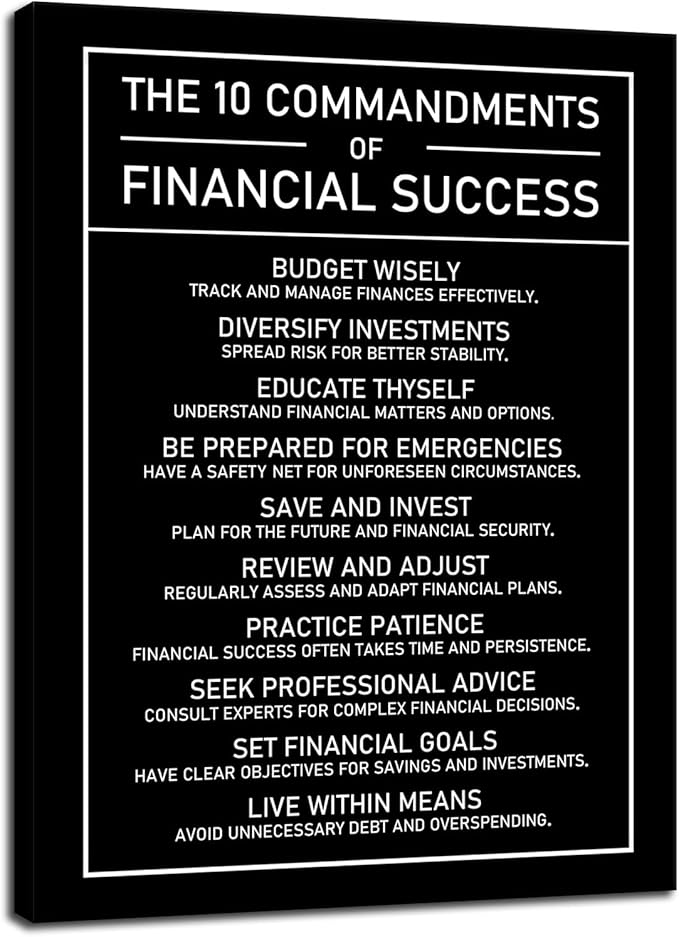 Financial Management Quote Inspirational Canvas Wall Art Motivational The 10 Commandments Of Financial Success Poster Painting Prints for Living Room Office Home Decor Framed Artwork [30''W x 40''H]
