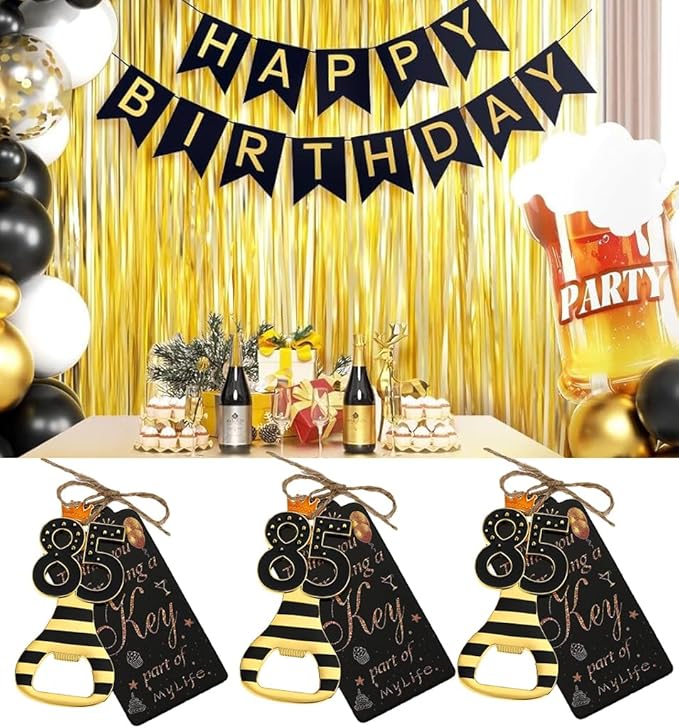 24pcs 85th Gold Keychain Bottle Opener 85th Birthday Party Favors, 85 Keychain Beer Bottle Opener Favors Anniversary Souvenirs Return Gifts for Guests Party Decor Supplies (black 85)