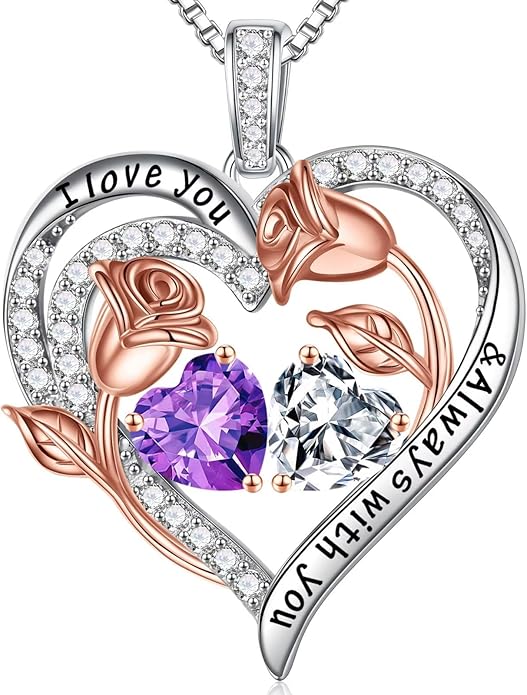 Iefil Valentines Day Gifts for Her - 925 Sterling Silver Rose Heart Birthstone Necklace Birthday Anniversary Jewelry Gifts for Her Wife Mom Daughter