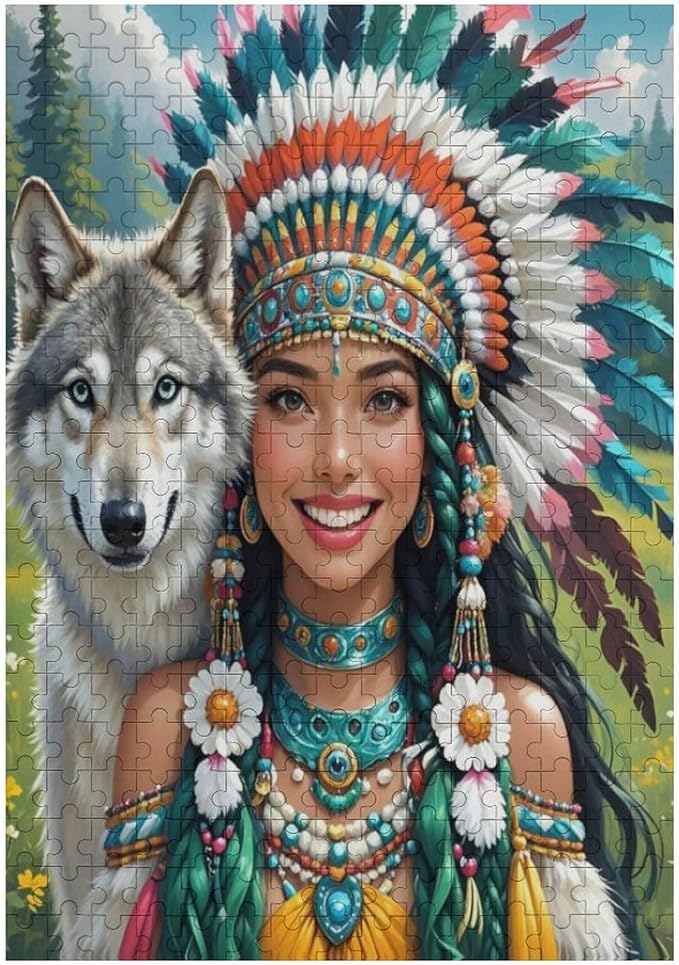 Wooden Puzzle - Indian Beauty & Wolf，Native American Jigsaw Puzzles，Wooden Puzzles for Adults 300 Pieces Unique Gifts for Wall Art，Challenge Puzzles，Educational Games，Family Puzzles