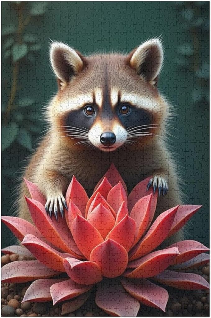 Puzzles for Adults 1000 Pieces Wooden Jigsaw Puzzle - Succulent & Cute Raccoon Theme Puzzle，Party Games，Family Toys，Educational Puzzles，Stress Relief Wooden Puzzle，Gifts for Family and Friends