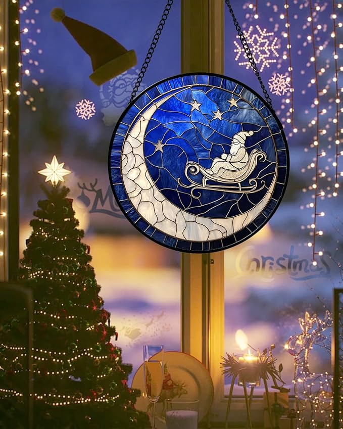 Stained Glass Window Hangings - Blue White Moon Stars Suncatcher for Door Home Christmas Decor Dream Sun Catcher Thanksgiving New Year Birthday Gifts for Women Men Mom Nana 9.8 in