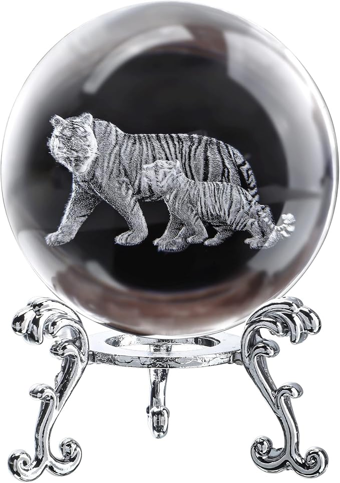 ZEERSHEE 60mm 3D Tigers Crystal Ball with Stand Glass Tiger Decorative Ball Paperweights Decor for Home Office