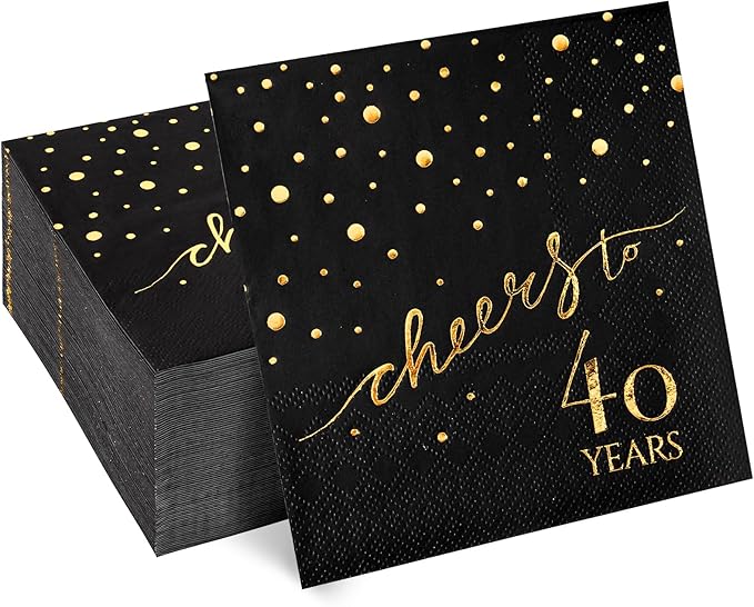 100 Pack of 40th Birthday Napkins, Cheers to 40 Cocktail 5x5 Inches Party Paper Napkins for Birthday Decorations Wedding Anniversary Black and Gold, 3-Ply
