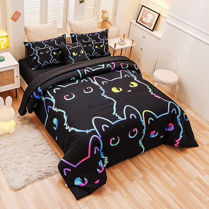 Cute Cat Full Comforter Set with Sheets, Boys Girls Lightweight 6 Pcs Bed in A Bag Full Size Bedding Set for Kids Teens
