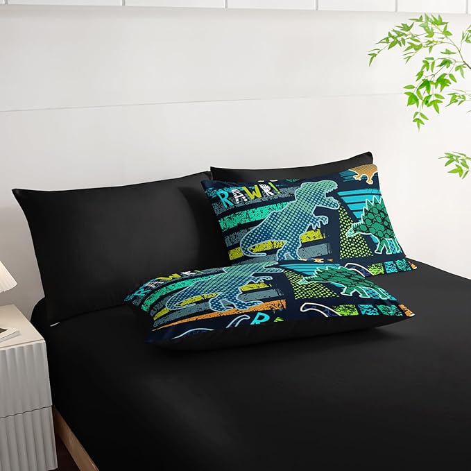 AILONEN Kids Dinosaur Comforter Set Queen, 7-Piece Cartoon Dinosaur Bed in a Bag for Boys, Green Graffiti Soft Comforter & Fitted Sheet with Flat Sheet & 2 Pillowcases, 2 Pillow Shams