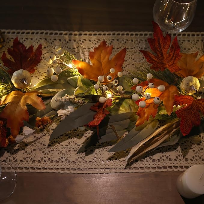 Realistic Fall Garland for Mantle 6 Ft Fall Maple Leaves Garlands with Lights/Timer Pumpkin Garland for Thanksgiving Outdoor Indoor Table Fireplace Autumn Decor Fall Decorations for Home Porch