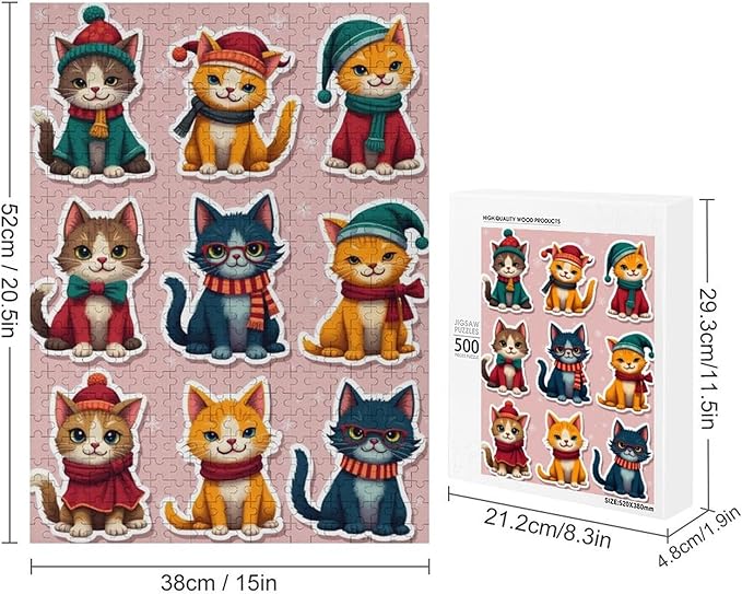 Wooden Puzzle 500 Pieces Adult - Christmas Cat Puzzle Christmas Puzzles, Holiday Puzzles, Family Toys, Party Games, Jigsaw Puzzle Challenge and Funny