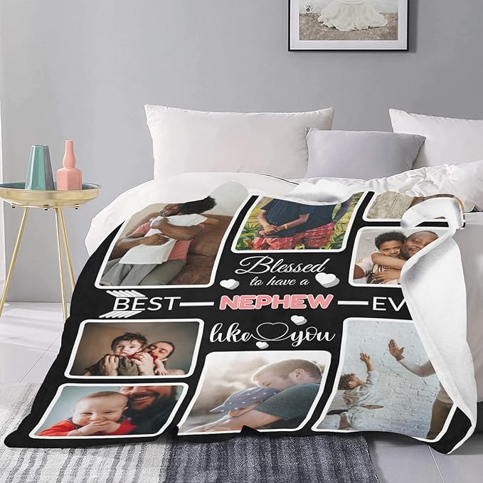 Custom Blanket Gifts for Nephew, Customized Blankets with Photos, Make a Personalized Bed Throws to My Nephew, Custom Souvenir Throw Blanket for Best Nephew Ever, 8 Collages Made in USA