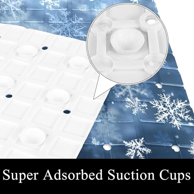 Bath Tub Mat Non Slip 15.1 x 26.8 Inch, Christmas Winter White Snowflakes Blue Background Eco Friendly Bathmat with Suction Cups Drain Holes Shower Tub Mats