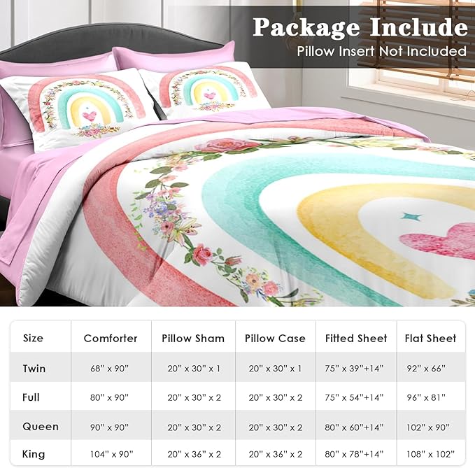 Comforter Set Twin Size, Cute Heart Pink Rose 5 Pcs Bedding for Kids and Adults, Rainbow Leaves Vintage Bed Sheet Sets with Fitted Sheet Pillowcase & Sham for Bedroom Bed Decor